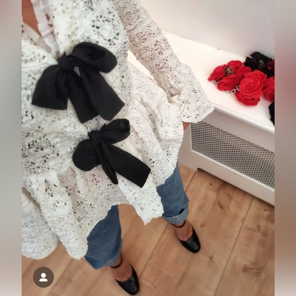 Sabina Sommer White Lace Blouse with Black Bows